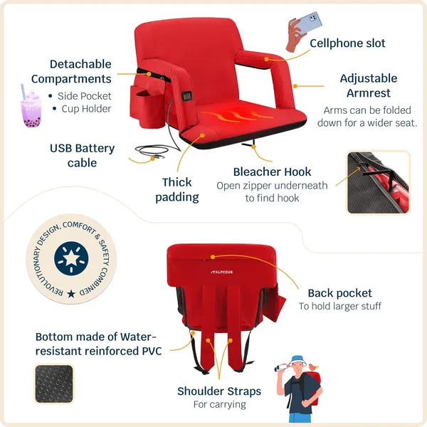 Alpcour Heated Reclining Stadium Seat For Bleachers With Back Support