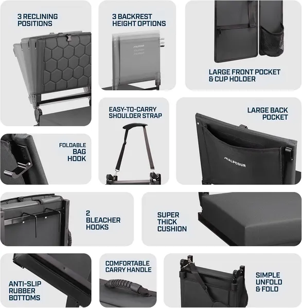 Alpcour Heated Massage Reclining Stadium Seat With Back Support For Bleachers