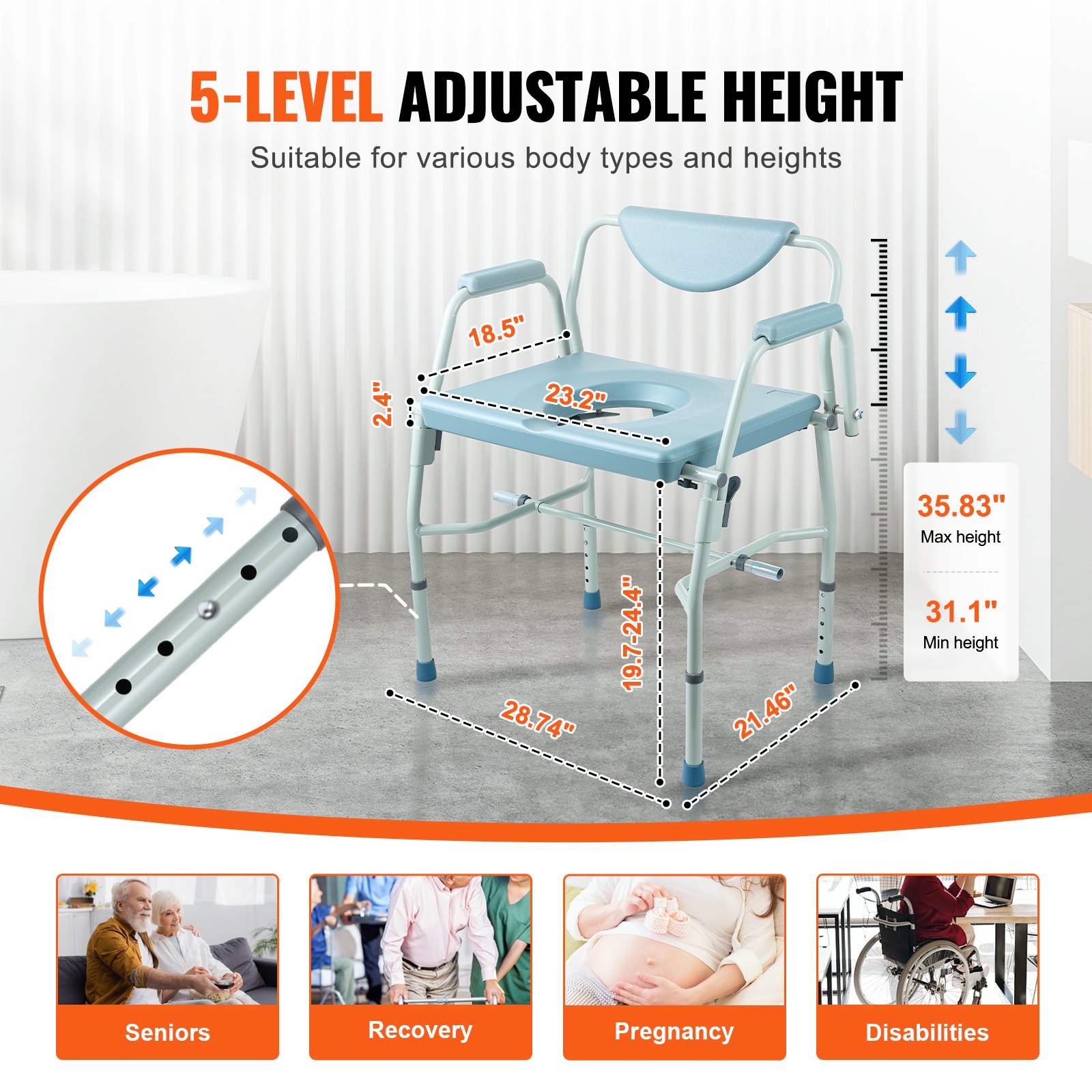 Commode Chair, Bedside With Drop-Down Arms And Detachable Backrest, 5-Level