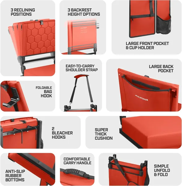 Alpcour Folding Reclining Stadium Seat With Back Support For Bleachers