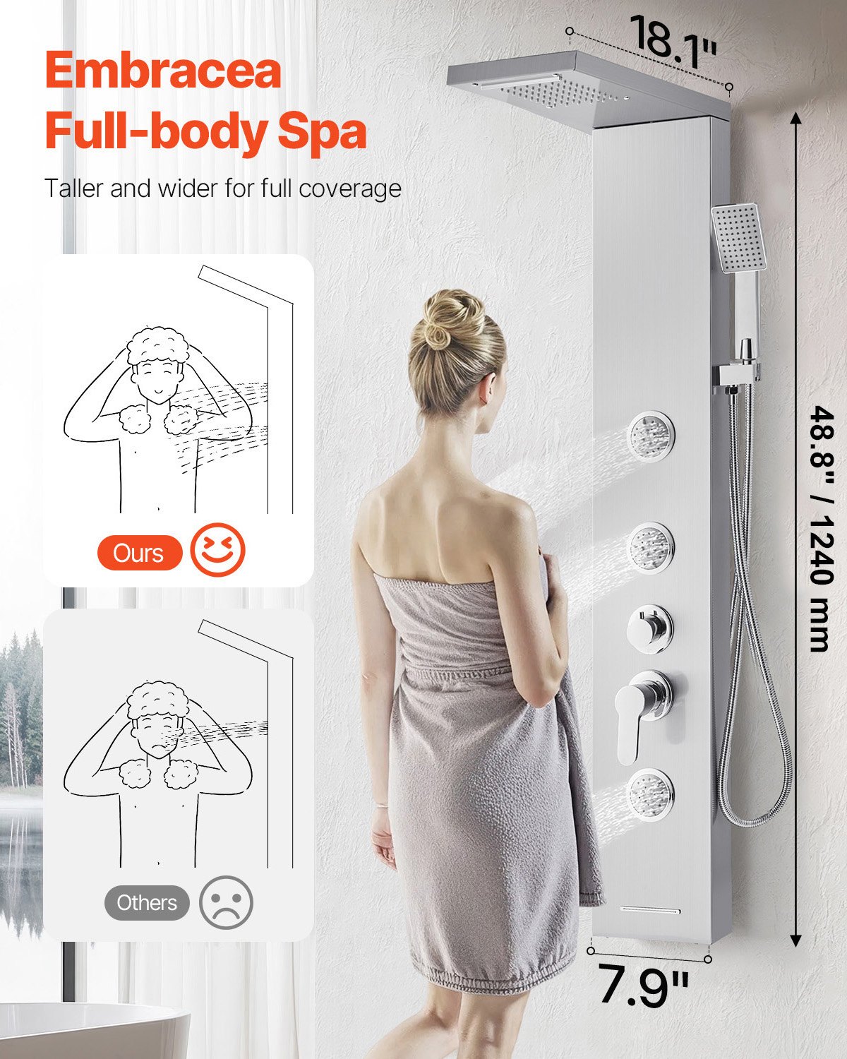 Shower Panel Tower System With Rainfall Waterfall Head, 53 In Brushed Stainless — image 3