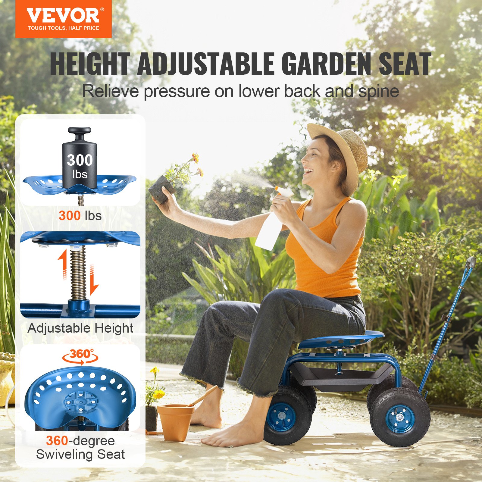 Garden Cart Rolling Workseat With Wheels, Gardening Stool For Planting, 360 — image 2