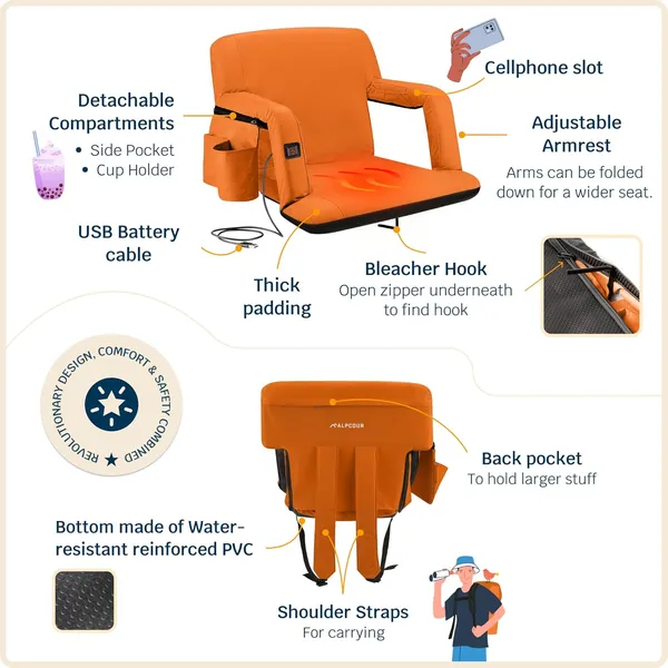 Alpcour Heated Reclining Stadium Seat For Bleachers With Back Support