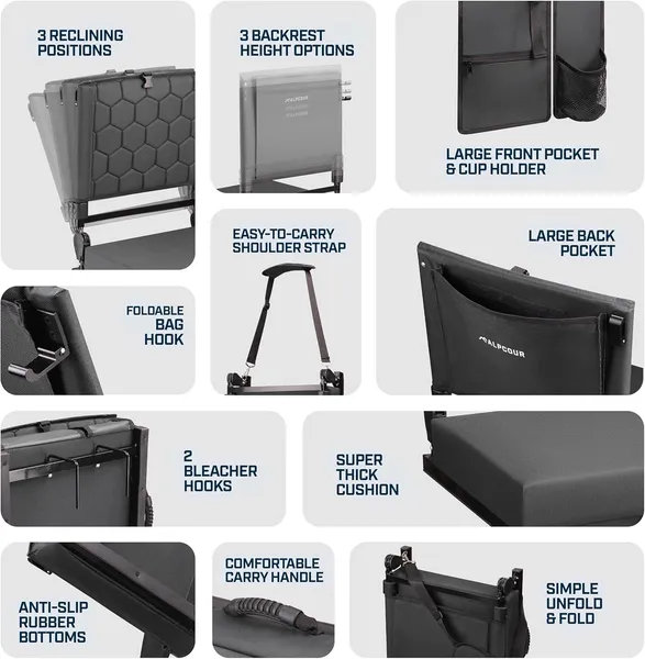 Alpcour Folding Reclining Stadium Seat With Back Support For Bleachers