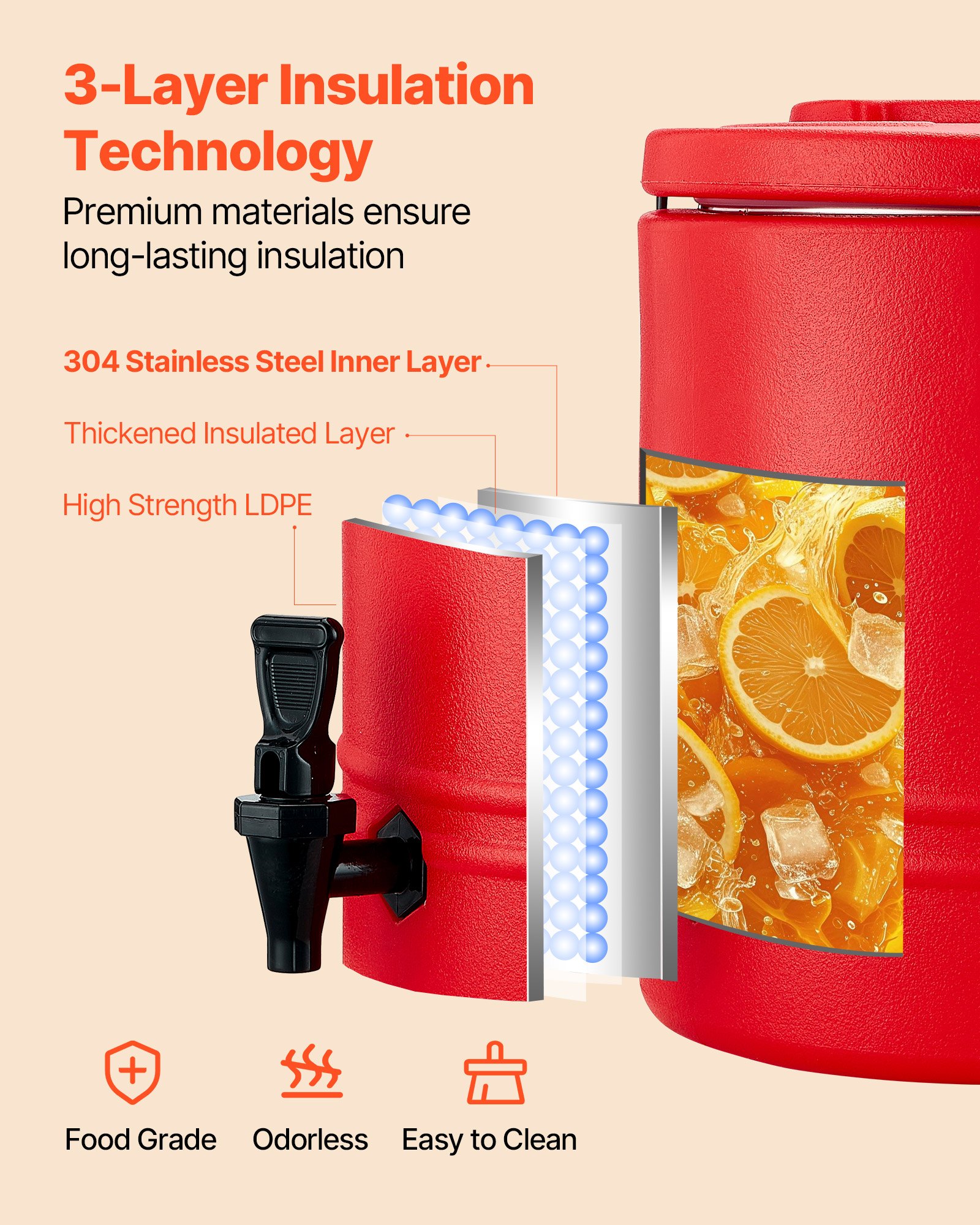 Insulated Beverage Dispenser, 8 Gal/30.3L Thermal And Cold Drink Server