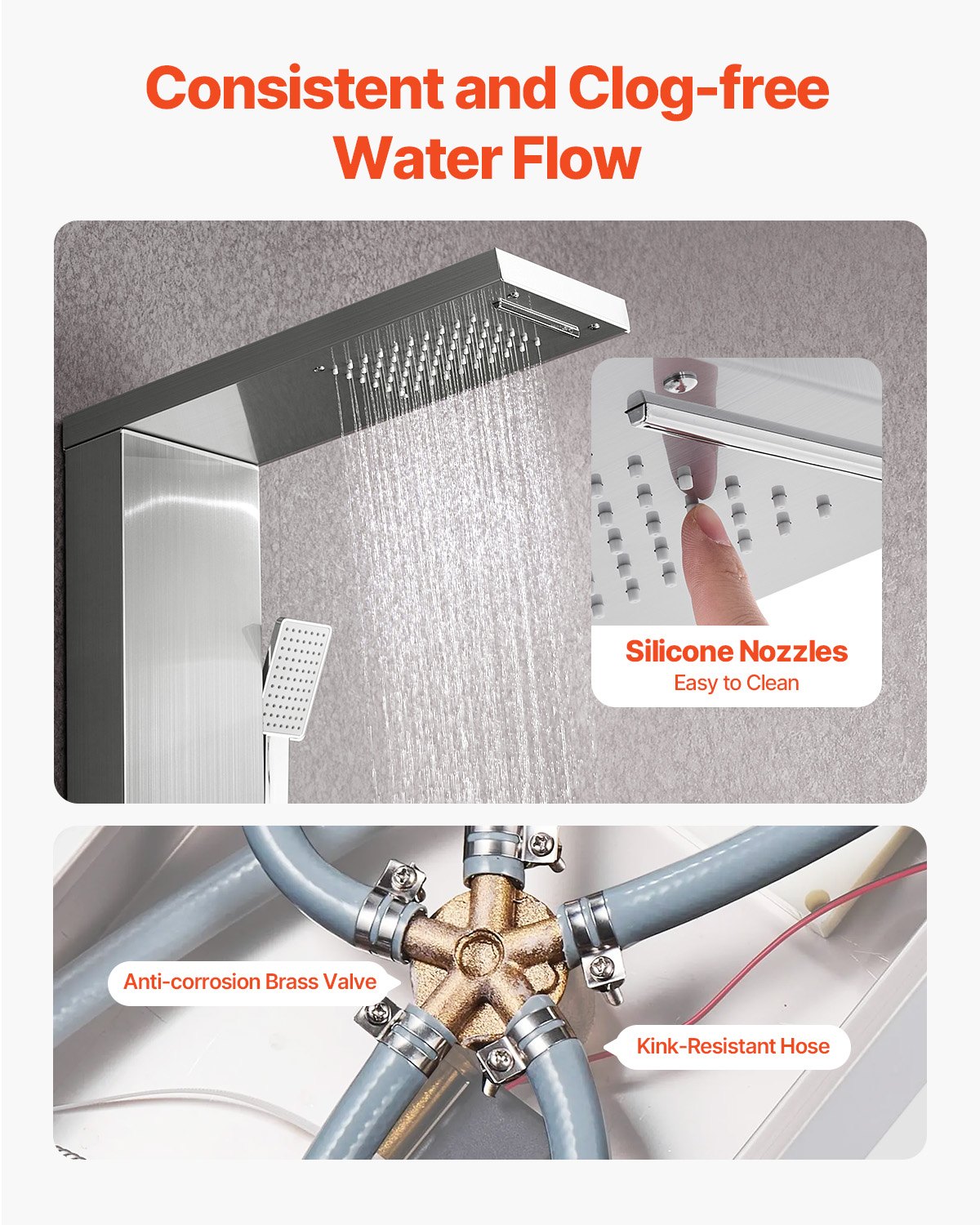 Shower Panel Tower System With Rainfall Waterfall Head, 53 In Brushed Stainless