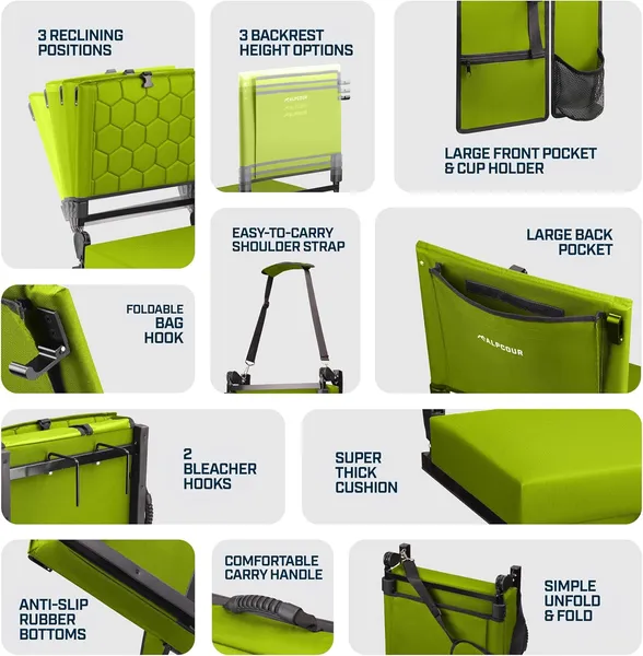 Alpcour Folding Reclining Stadium Seat With Back Support For Bleachers