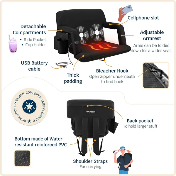 Alpcour Heated Massage Reclining Stadium Seat For Bleachers With Back Support