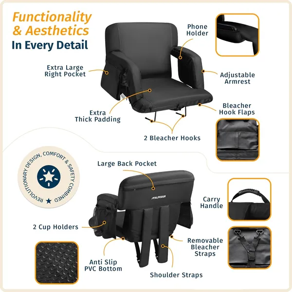 Alpcour Premium Reclining Stadium Seat For Bleachers With Back Support
