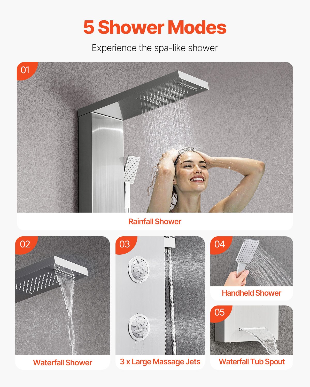 Shower Panel Tower System With Rainfall Waterfall Head, 53 In Brushed Stainless — image 5