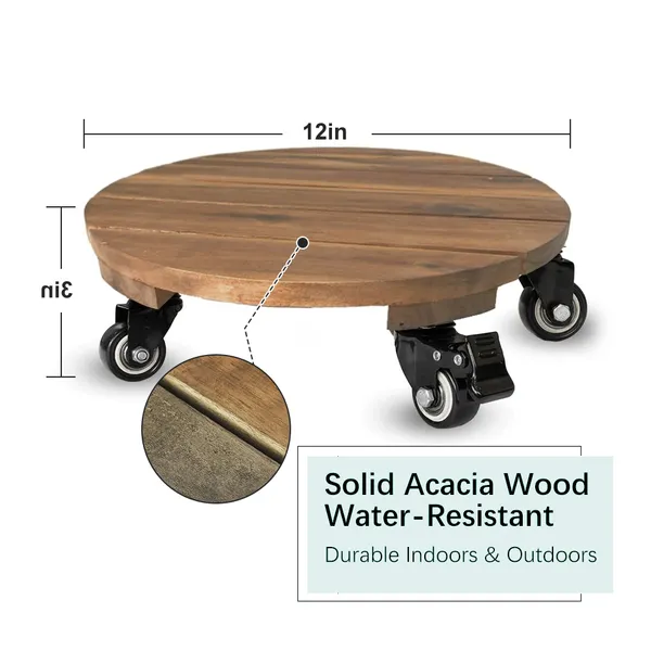 12inch Round Wooden Plant Cart: Natural Beauty, Easy Mobility, Perfect For Gardening