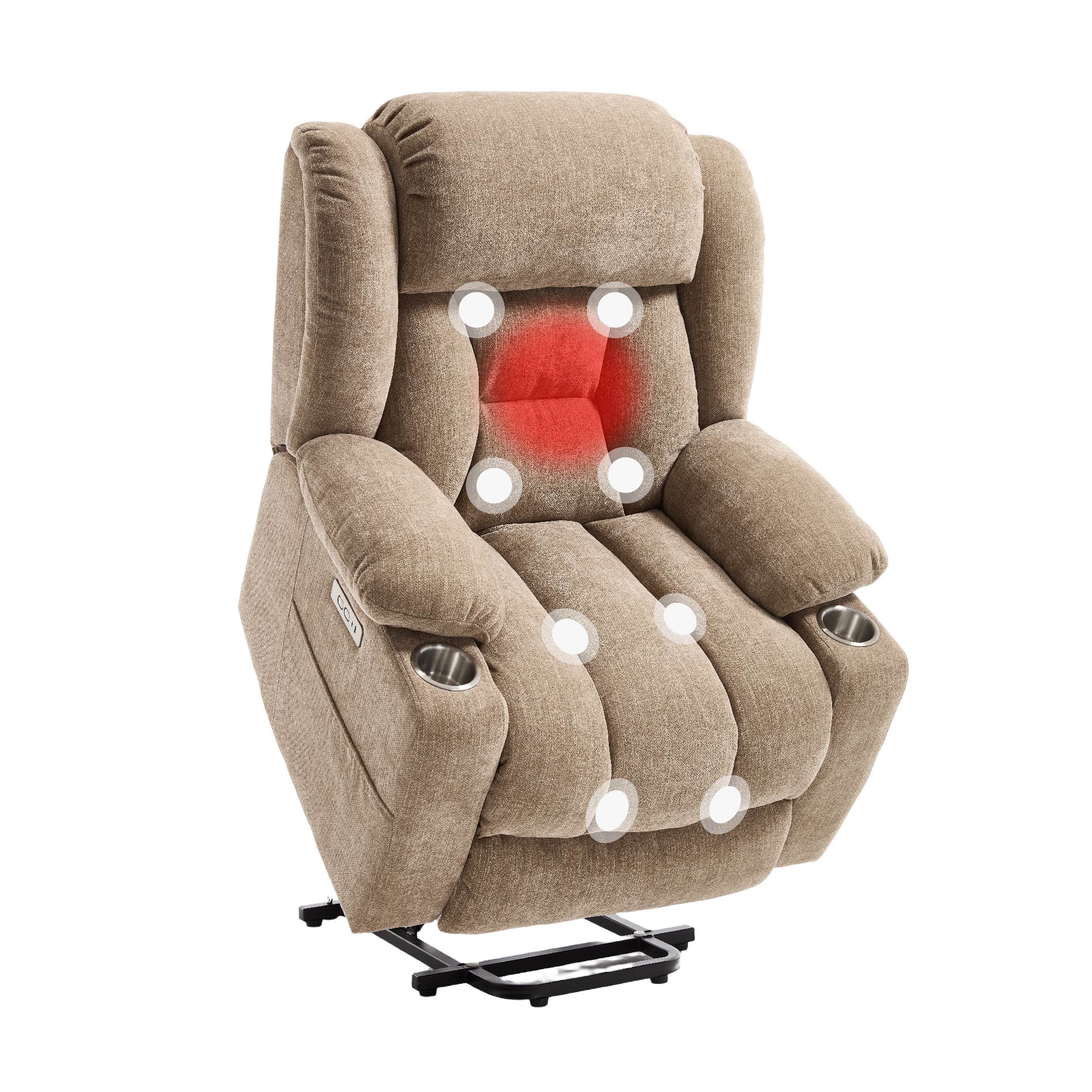 Power Lift Recliner Chair With Massage & Heat, Single Motor Lift Chair, Chenille Fabric Upholstery, USB Type-C, Cup Holders, Side Pockets, Light Brown