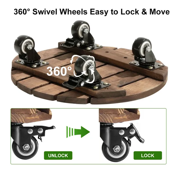 12inch Round Wooden Plant Cart: Natural Beauty, Easy Mobility, Perfect For Gardening