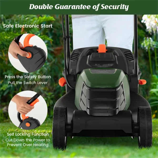 12 Ampere 13.5 Inch Electric Rope Lawn Mower With Dual Safety Switches -Green