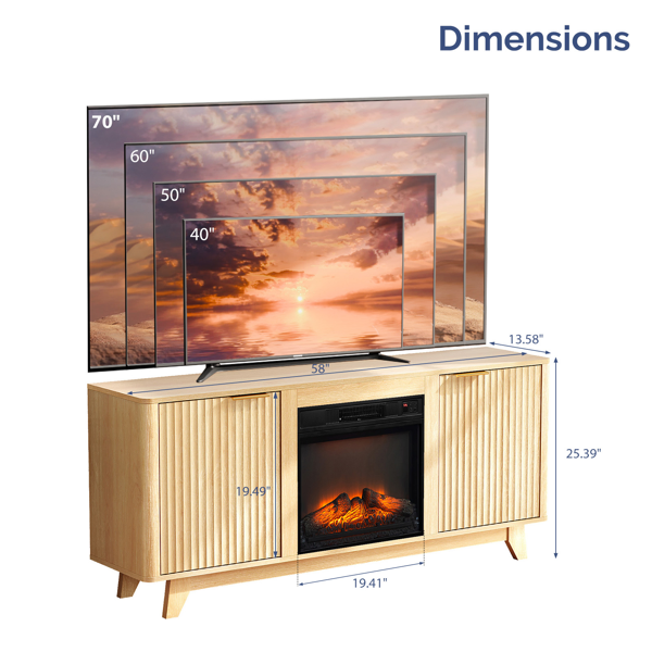 Oak Fireplace TV Stand With 18 Inch Insert, Double Grid Doors & Gold Handles, Embossed Board Media Console 58 X 13.6 X 25.4 Inch