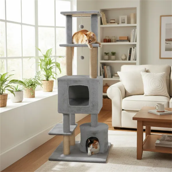 64" Light Gray Cat Tower With Plush Perches & 3 Dangling Balls, Jute Scratching Posts & Anti-Tipping Device For Multi-Cat Households