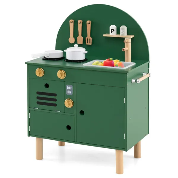 Green Wooden Kids Play Kitchen With Interactive Stove & Sink, ASTM/CPSIA Compliant Pretend Cooking Set For Ages 3+