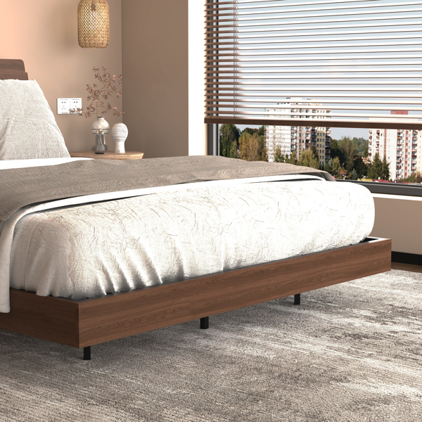 Floating Bed Frame Queen With Led Lights And Charging Station, Wood Queen Size Bed Frame With Storage Headboard, No Box Spring Needed, Easy Assembly,Walnut