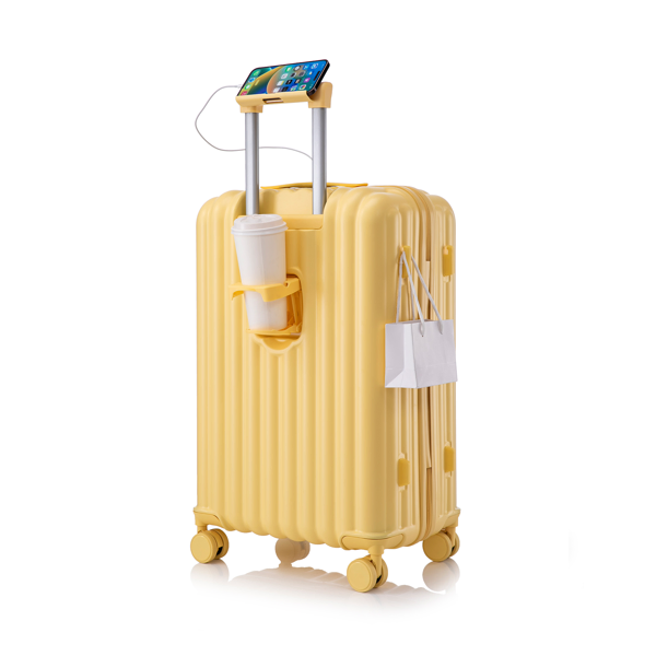 20"/24"/28" 3 Pcs/set In ABS Spinner Wheel Luggage, Carry On Suitcase, With Cup Holder & USB Port & Phone Holder (Yellow)