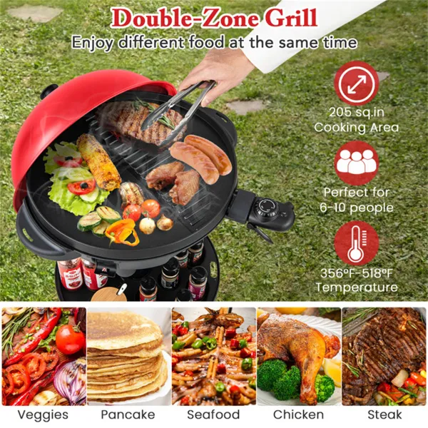 Red 1200W Electric BBQ Grill With Double-Zone Cooking, 2-in-1 Freestanding & Countertop Grill For 6-10 People