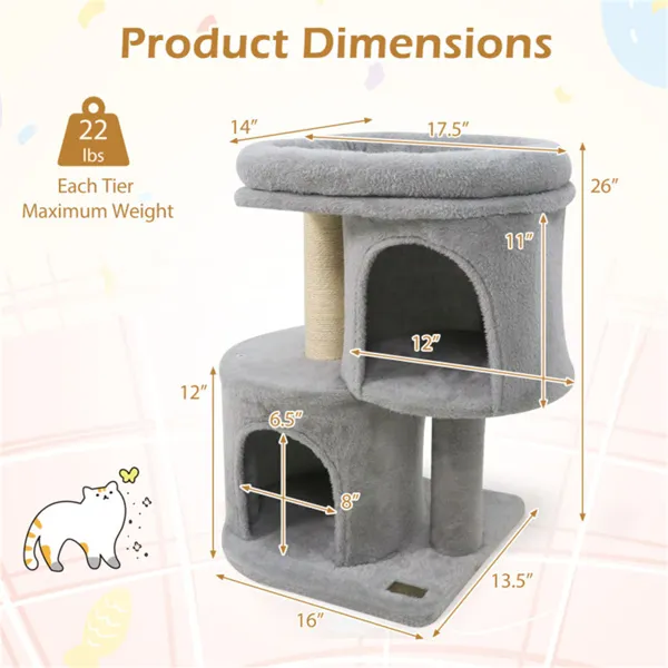26" Compact Cat Tree With 2 Condos & Sisal Scratching Posts, Anti-Tip Cat Tower For Small Spaces