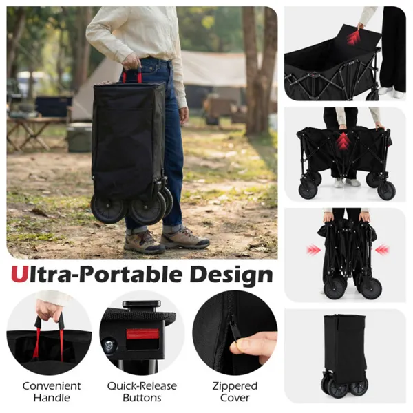 Black 400 Lbs Heavy-Duty Collapsible Wagon Cart With All-Terrain Wheels, 180L Capacity Folding Utility Cart For Camping Shopping