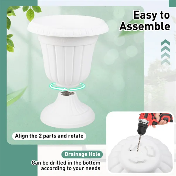 Set Of 2 Vintage Urn Planters, Weather-Proof PP Flower Pots With Optional Drainage Holes For Indoor Outdoor Use-White