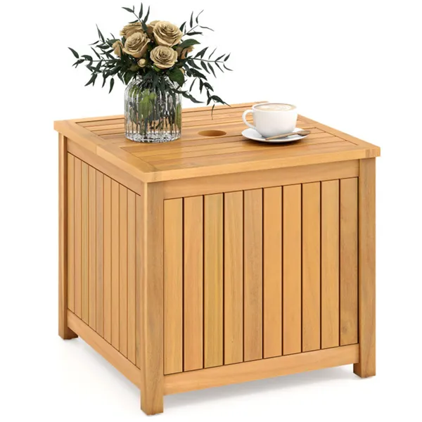 Solid Acacia Wood Outdoor Side Table With Umbrella Hole, 2-in-1 Storage End Table For Patio Poolside_voghion.com