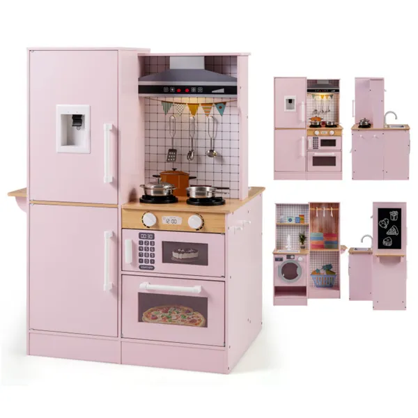 Pink Dual-Sided Kids Play Kitchen With Water Dispenser And Range Hood For 3+ Years Old