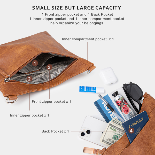 Crossbody Bags For Women With 2 Adjustable Straps Multi Pocket Small Cross Body Purse-Brown - Image 3