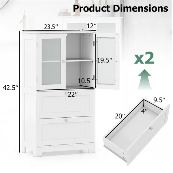 Freestanding Floor Storage Cabinet With Adjustable Shelf & 2 Drawers, Frosted Tempered Glass Door Sideboard