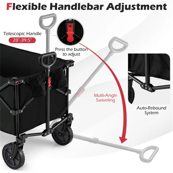 Black 400 Lbs Heavy-Duty Collapsible Wagon Cart With All-Terrain Wheels, 180L Capacity Folding Utility Cart For Camping Shopping