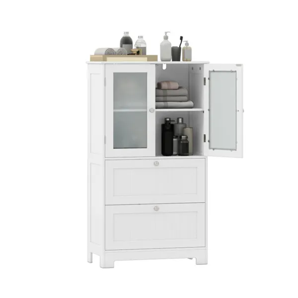 Freestanding Floor Storage Cabinet With Adjustable Shelf & 2 Drawers, Frosted Tempered Glass Door Sideboard