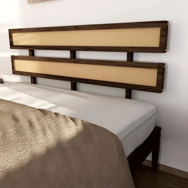 Double Rattan Woven Headboard, Bohemian Style, Painted Finish, Pine Wood, Dark Walnut Color, Queen Size Wooden Bed