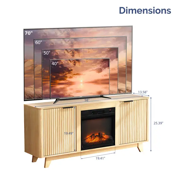 Oak Finish Fireplace TV Stand With 18 Inch Insert & Double Grid Doors, Embossed Particle Board Media Console 58 X 13.6 X 25.4 Inch