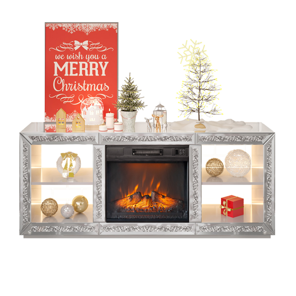 Silver Mirror Modern TV Stand With 18 Inch Fireplace Insert & Storage Shelves, Medium Density Fiberboard Fireplace TV Console For Living Room, 143 X 35 X 62 Cm