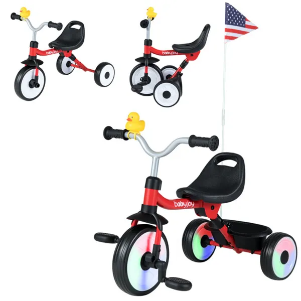 Red toddler tricycle with rainbow LED wheels foldable 3 in 1 balance bike with removable pedals and rear storage basket