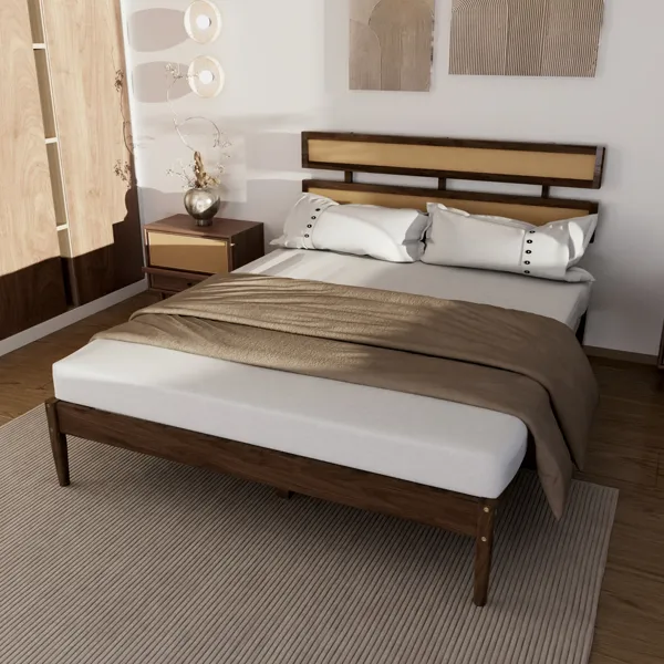 Double Rattan Woven Headboard, Bohemian Style, Painted Finish, Pine Wood, Dark Walnut Color, Queen Size Wooden Bed