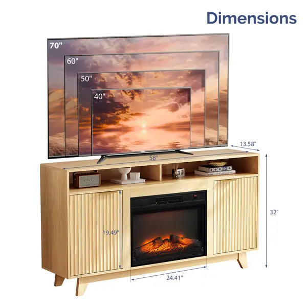 Oak Fireplace TV Stand With 23 Inch Insert, Double Grid Doors, Gold Handles & 2 Shelves, Media Console 58 X 13.6 X 32 Inch