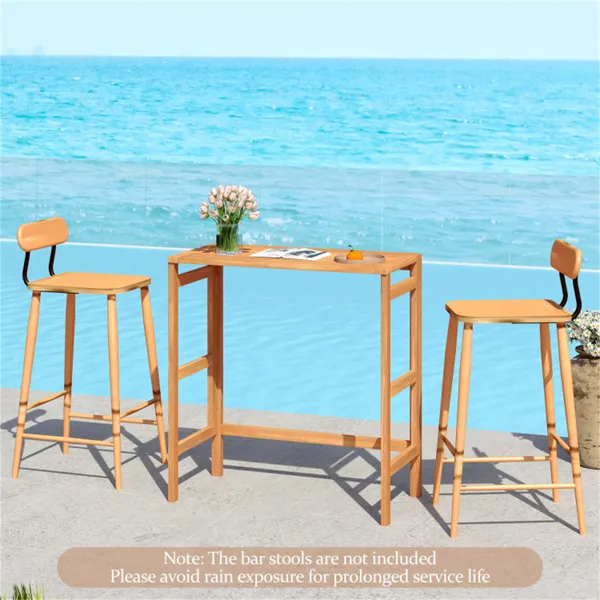 Natural Acacia Wood Foldable Patio Bar Table With Footrest & Slatted Top, Space-Saving Outdoor Pub Table