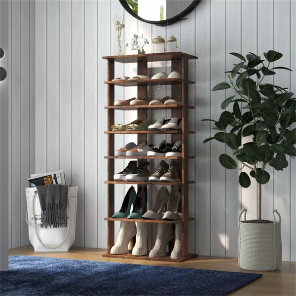 7-Tier Double-Row Shoe Rack With Adjustable Shelves, Anti-Tipping Narrow Storage Rack For Entryway Closet-Rustic Brown