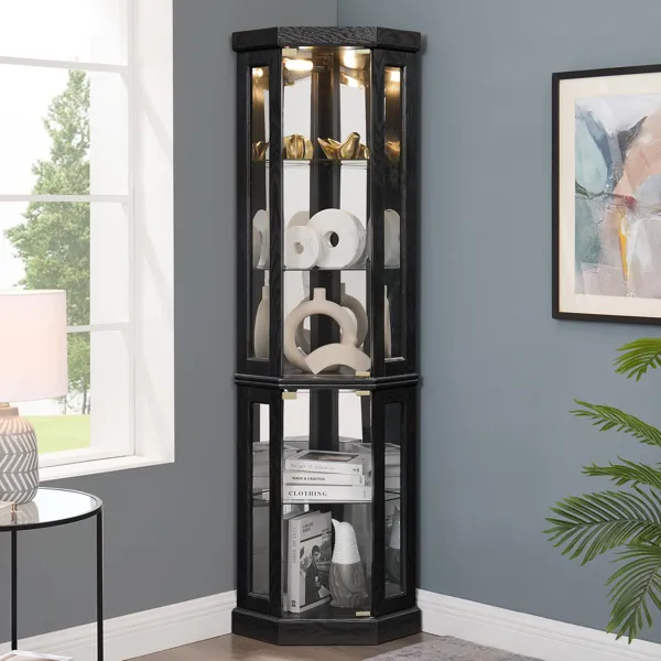 Lighted Corner Curio Cabinet - Display Case For Living Room, Antique Collectibles, Wine & Bar Glass…