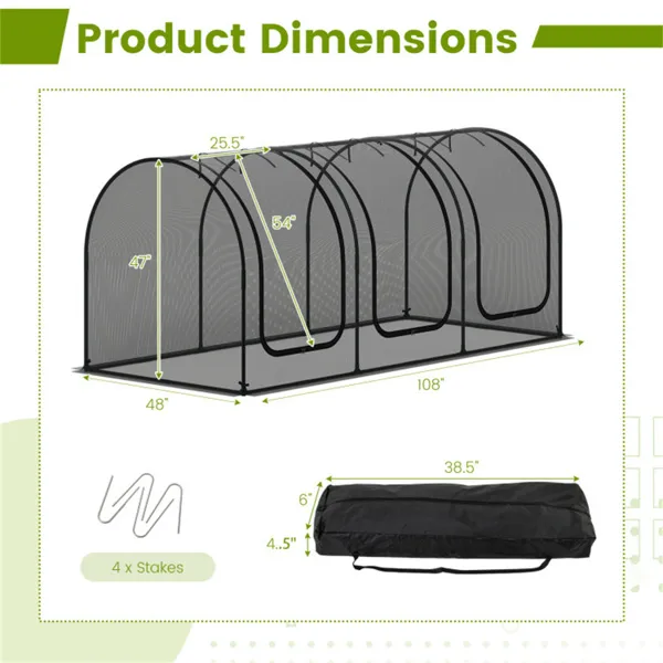 Green 108″x48″x47″ Garden Crop Cage With High-Density Nylon Mesh, Plant Protection Tent With Zippered Doors For Vegetables & Flowers