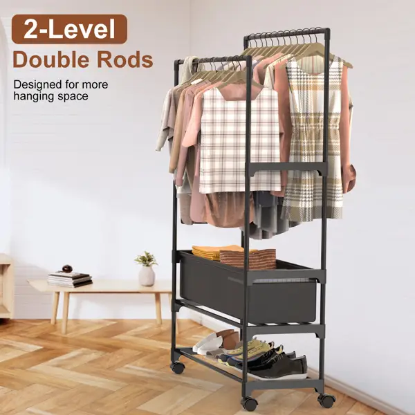 3-Tier Portable Clothing Rack with Double Hanging Rods and Storage Bag