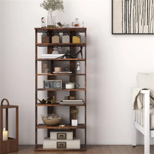 7-Tier Double-Row Shoe Rack With Adjustable Shelves, Anti-Tipping Narrow Storage Rack For Entryway Closet-Rustic Brown