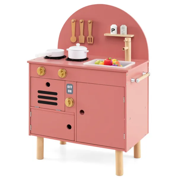 Pink Wooden Kids Play Kitchen With Interactive Stove & Sink, ASTM/CPSIA Compliant Pretend Cooking Set For Ages 3+