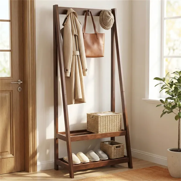 100% Solid Rubber Wood Freestanding Coat Rack, A-Frame Stable Garment Hanger With 3 Hooks & 2 Shelves