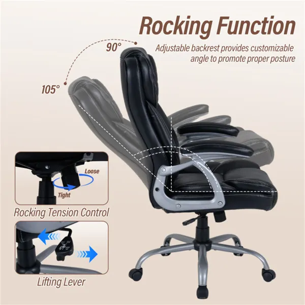 Ergonomic Executive Office Chair With Contoured Backrest, Adjustable Height & Recline For Home Office-Black