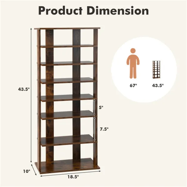 7-Tier Double-Row Shoe Rack With Adjustable Shelves, Anti-Tipping Narrow Storage Rack For Entryway Closet-Rustic Brown