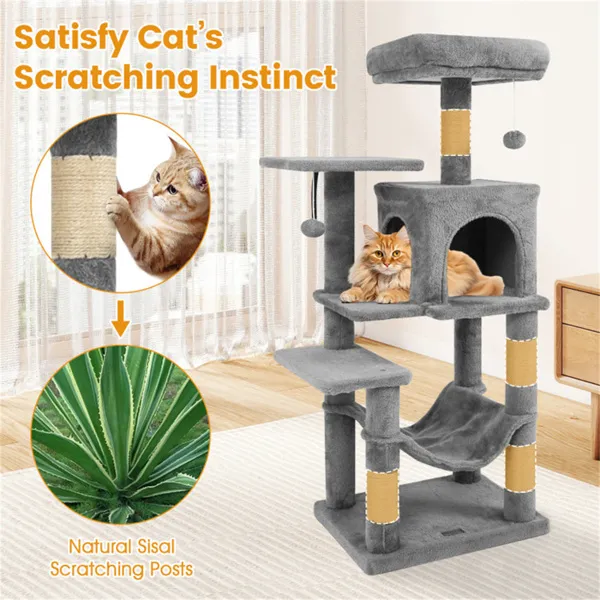 44" Multi-Level Cat Tree With Spacious Top Perch, 2-Door Condo & Hammock For Indoor Cats -Light Gray